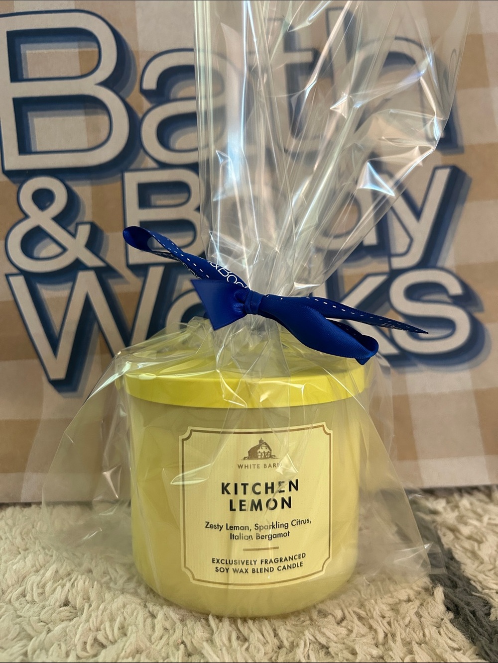 White Barn Kitchen Lemon Candle - Yellow with Blue Ribbon